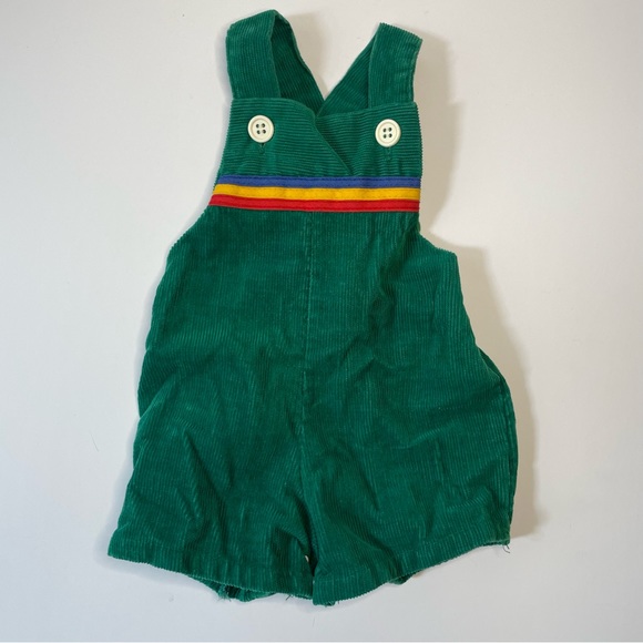 Vintage Newborn Overalls Outfit Green Corduroy Rainbow Striped Shirt Boy Or Girl - Picture 8 of 12